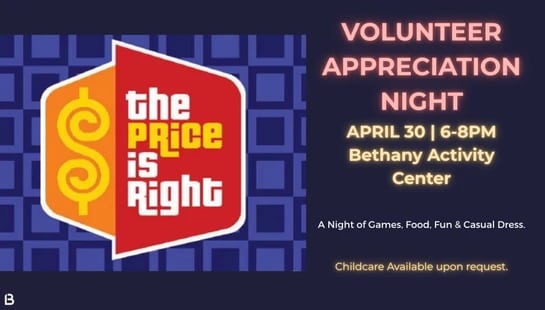 A promotional graphic for a Volunteer Appreciation Night with 'The Price is Right' theme. Event is on April 30 from 6-8 PM at Bethany Activity Center.