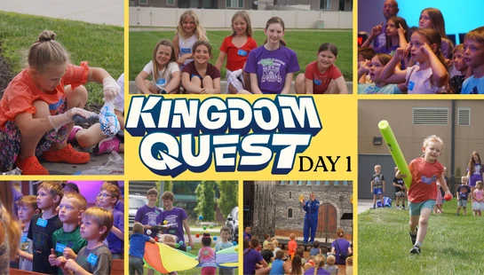 A collage of photos from "Kingdom Quest Day 1" showing children participating in various activities like crafts, outdoor games, and group singing.
