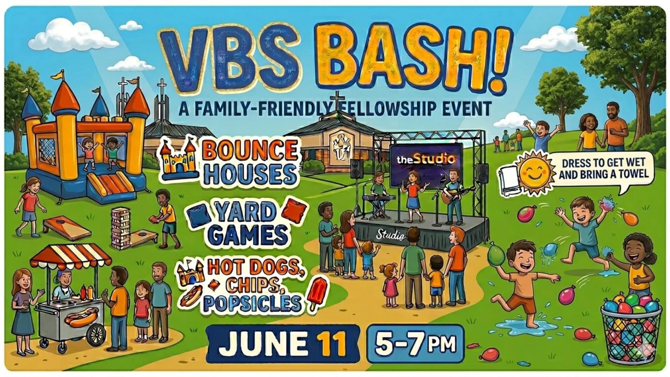 A colorful cartoon flyer for a VBS Bash, a family event with bounce houses, yard games, live music, a hot dog stand, and a water balloon fight.