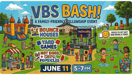A colorful cartoon flyer for a VBS Bash, a family event with bounce houses, yard games, live music, a hot dog stand, and a water balloon fight.