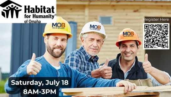 Three male volunteers in hard hats give a thumbs up at a Habitat for Humanity construction site. The graphic includes event details and a QR code to register.