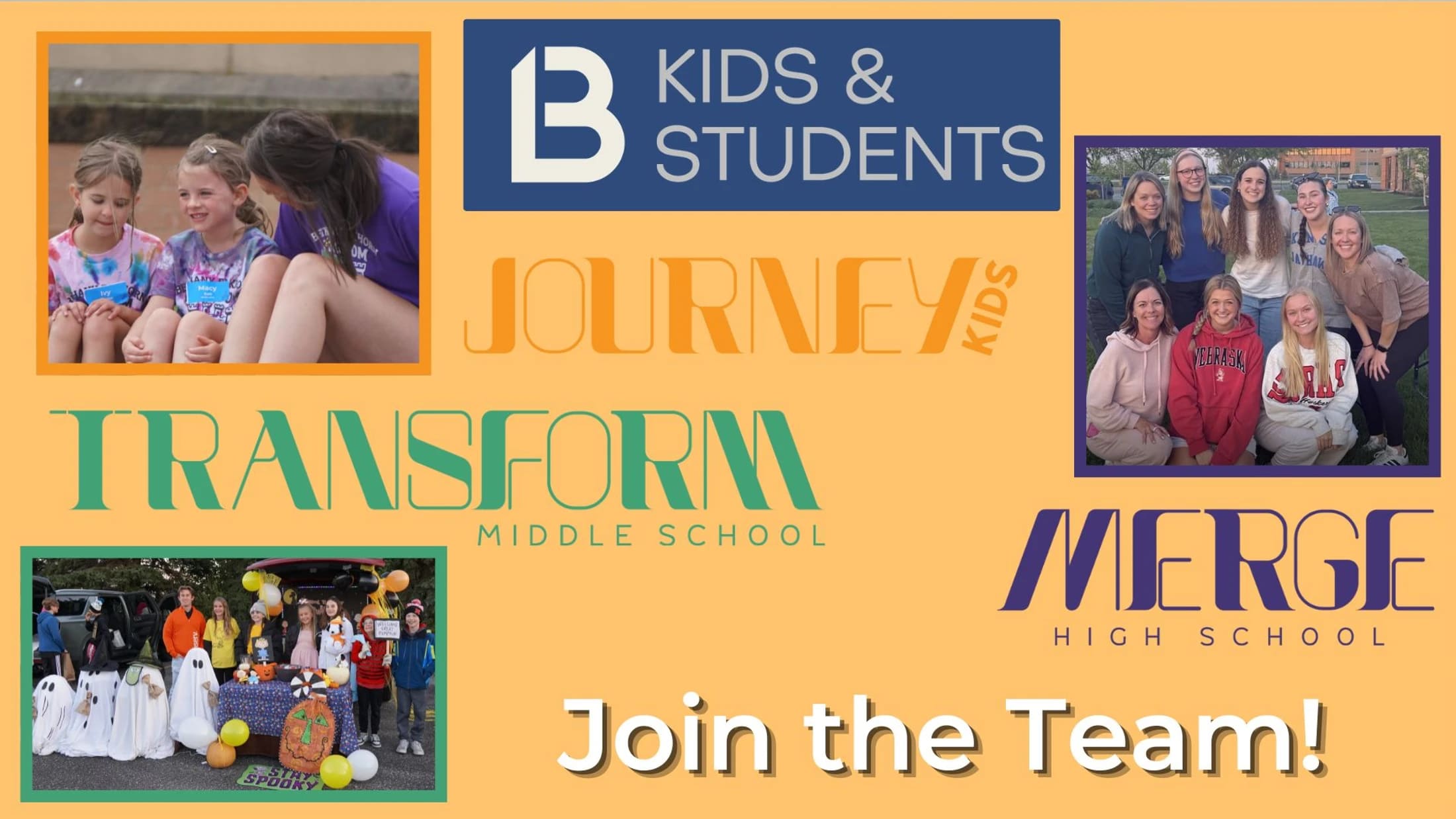 A recruitment graphic for youth ministry featuring photos of kids and volunteers, with logos for different age groups and the text 'Join the Team!'.