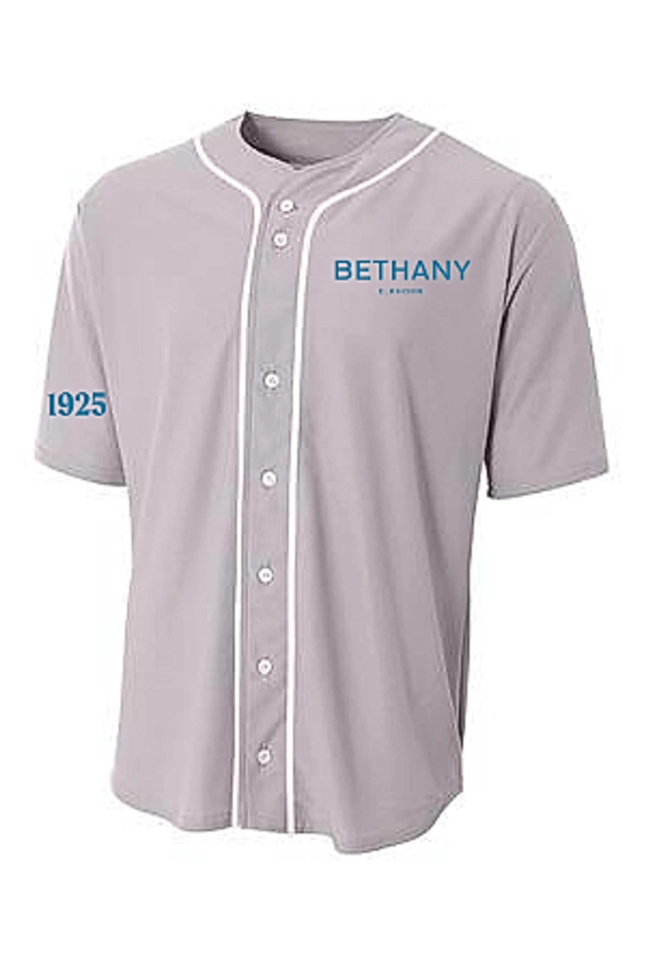 A light gray short-sleeve baseball jersey with white piping, blue text reading 'Bethany' on the chest, and the year '1925' on the right sleeve.