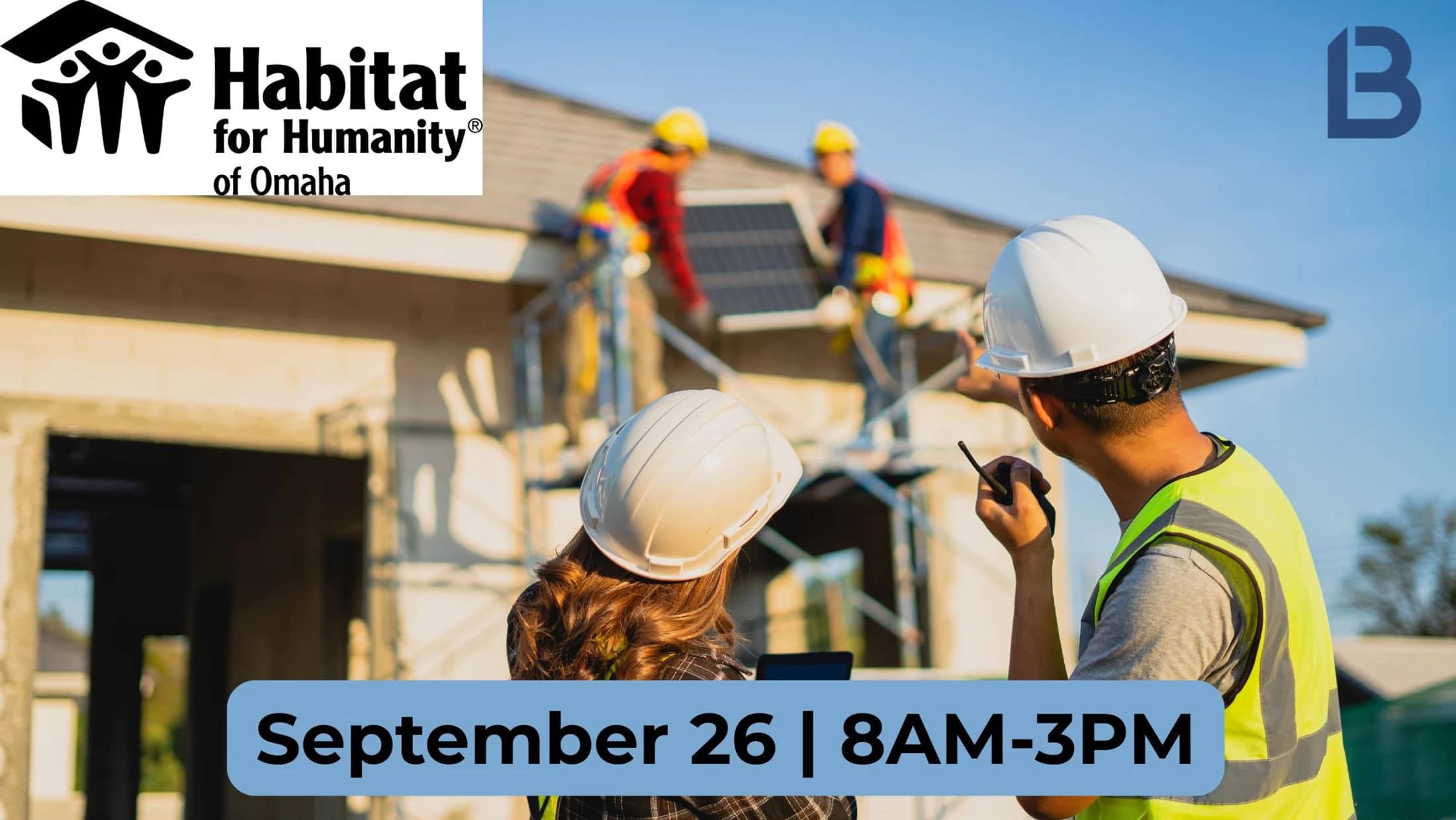 An event graphic showing construction workers building a house. Text reads: Habitat for Humanity of Omaha, September 26, 8AM-3PM.