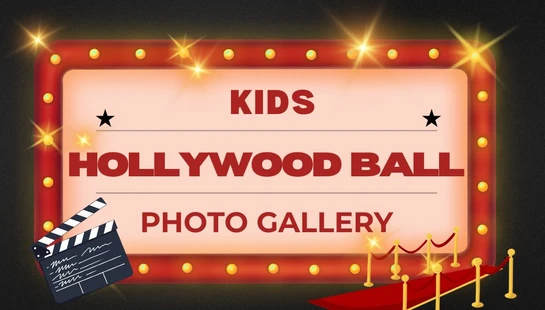 A graphic for a kids event featuring a red movie marquee with lights that reads 'Kids Hollywood Ball Photo Gallery,' with a red carpet and movie clapperboard.