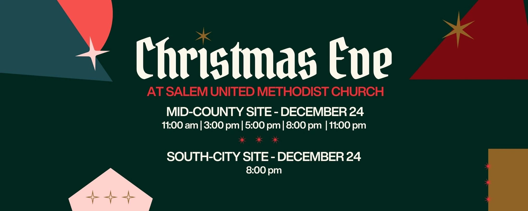 A dark green promotional graphic for Christmas Eve services at Salem United Methodist Church, listing times for both the Mid-County and South-City locations.