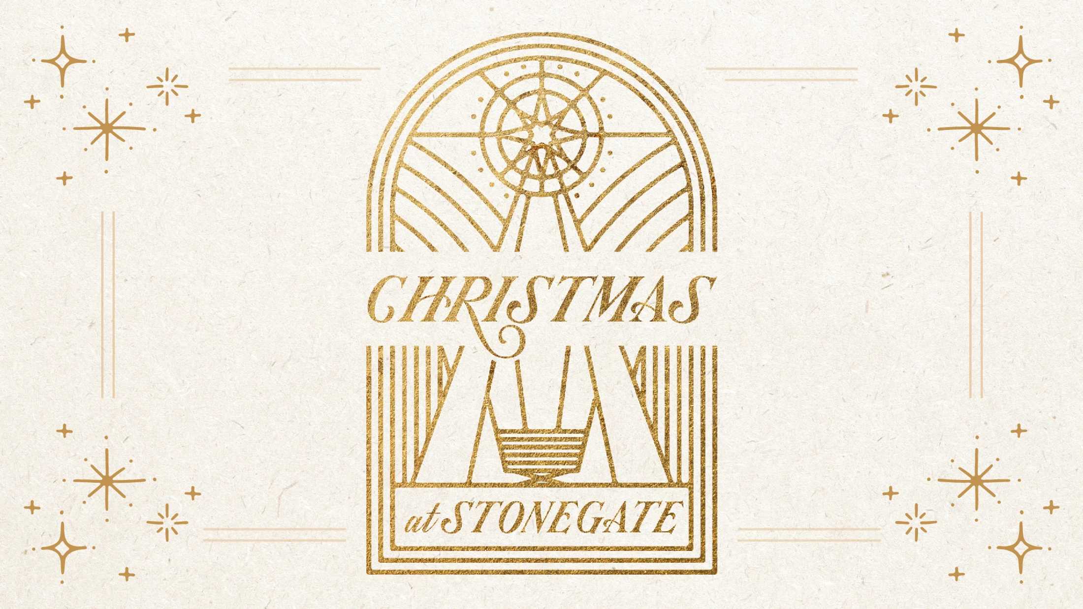 An elegant Art Deco-style graphic in gold on a cream paper background. It reads 'Christmas at Stonegate' and features a stylized star and manger design.