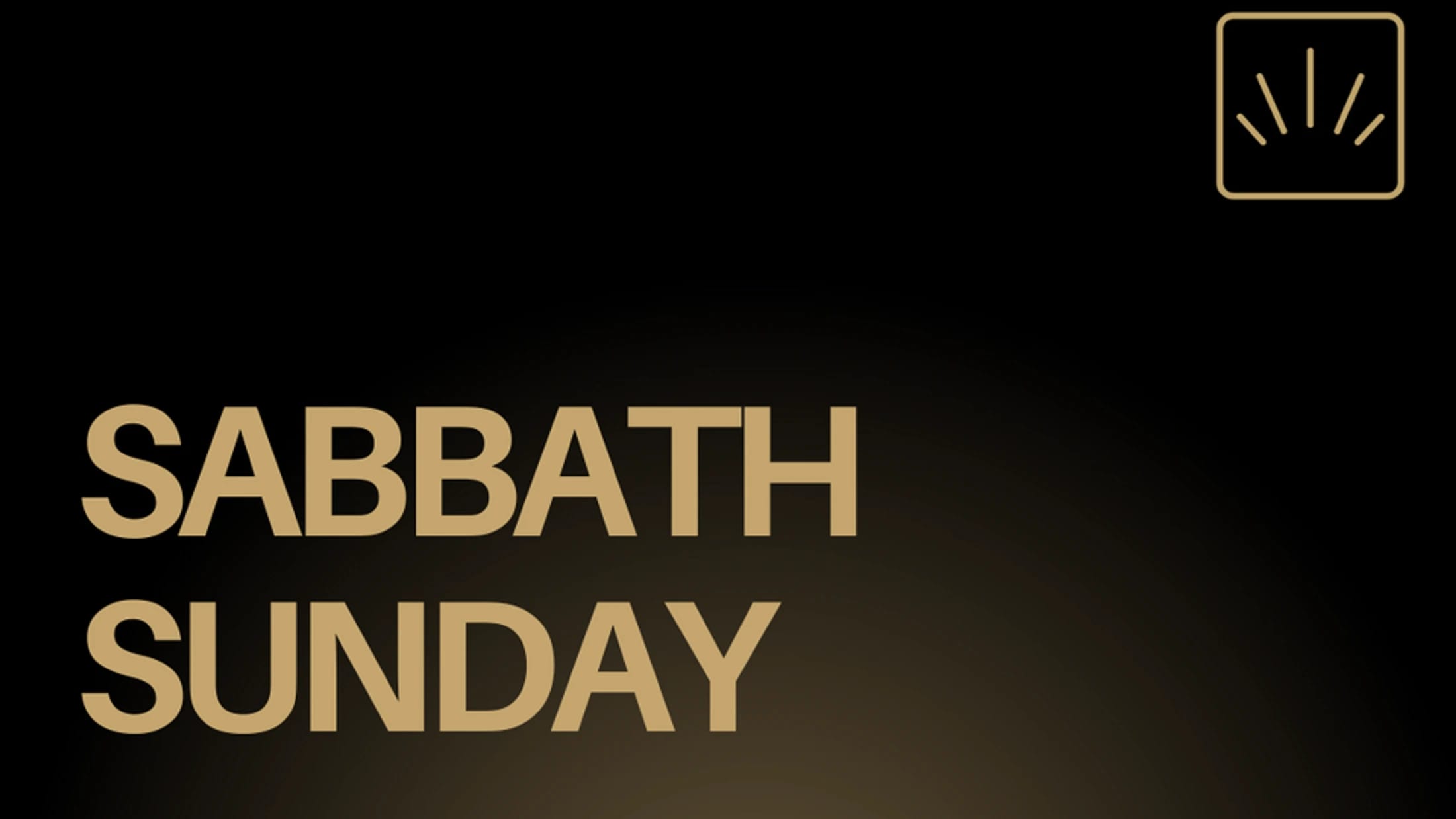The words "Sabbath Sunday" in a gold, sans-serif font on a black background, with a small sunrise logo in the top right corner.