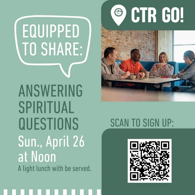 A graphic for a spiritual event. It features a photo of four people talking at a cafe, event details for April 26, and a QR code to sign up.
