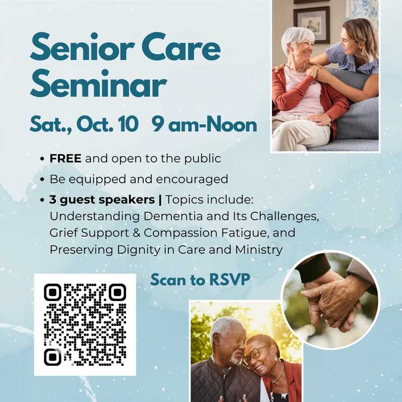 A light blue flyer for a Senior Care Seminar on Saturday, October 10. It includes event details, photos of older adults, and a QR code to RSVP.