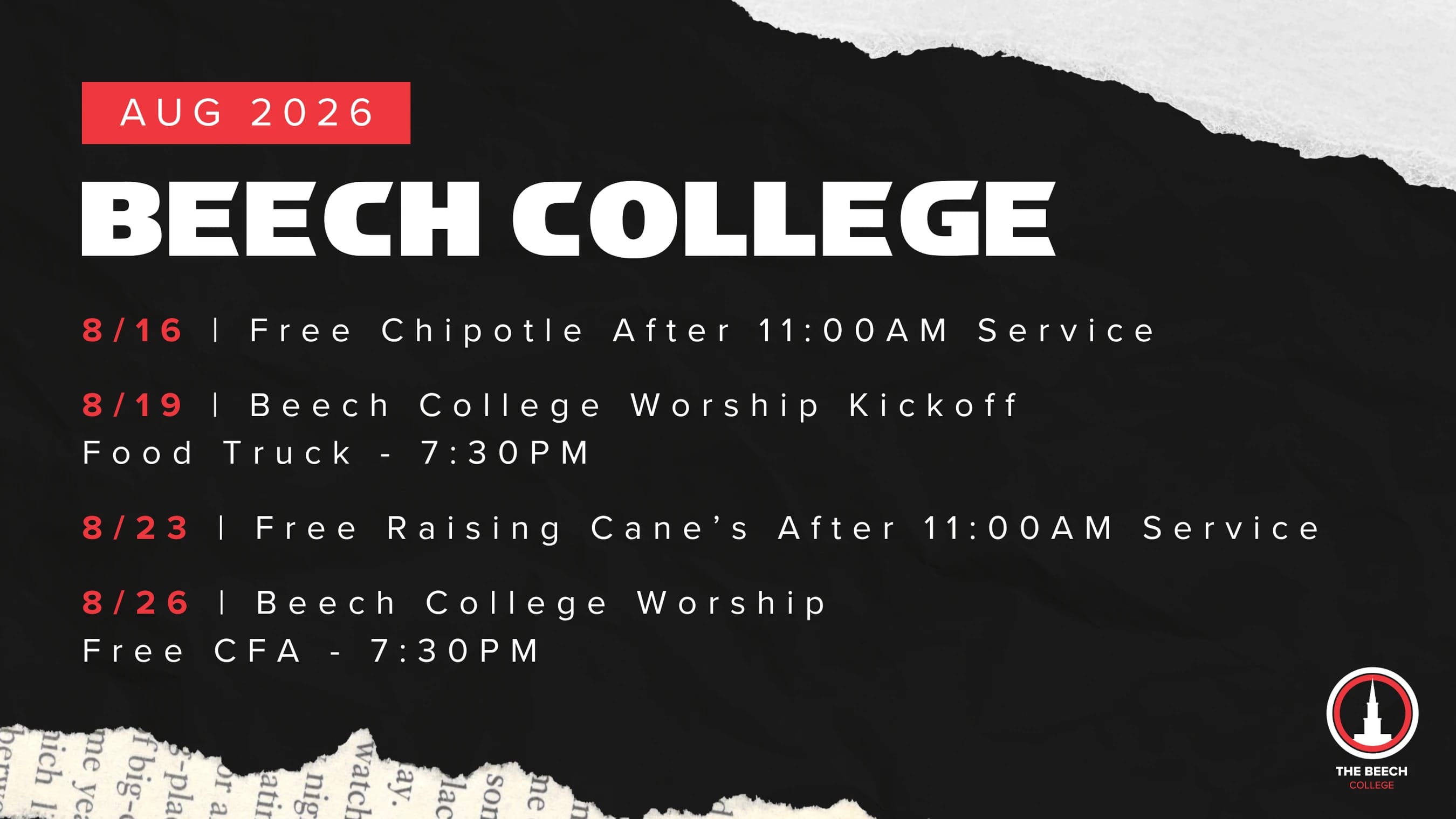 A dark graphic listing Beech College events for August 2026, including worship services with free food from Chipotle, Raising Cane's, and food trucks.
