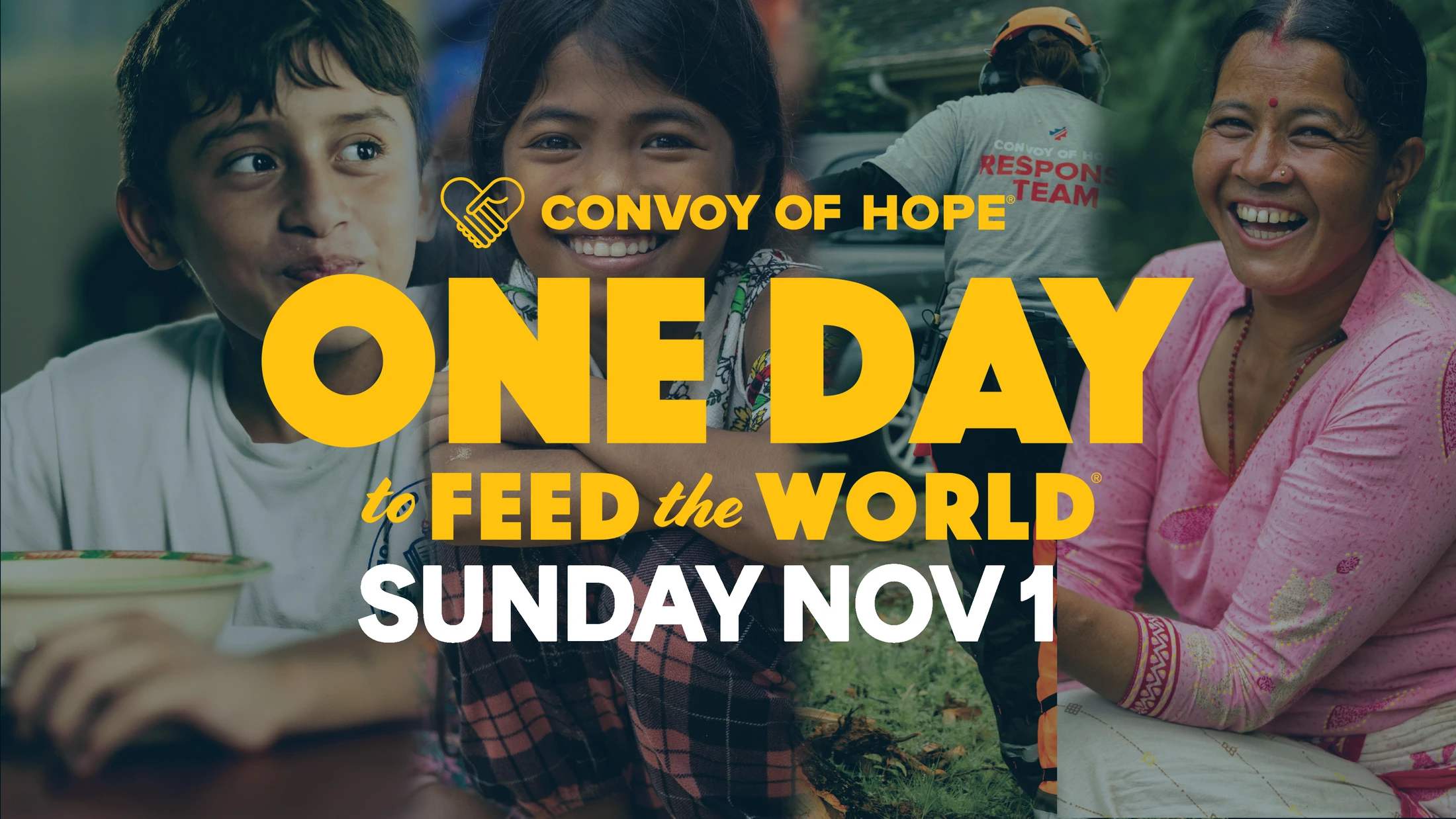 A promotional graphic for Convoy of Hope's 'One Day to Feed the World' on Sunday, Nov 1, featuring a collage of smiling children and adults.