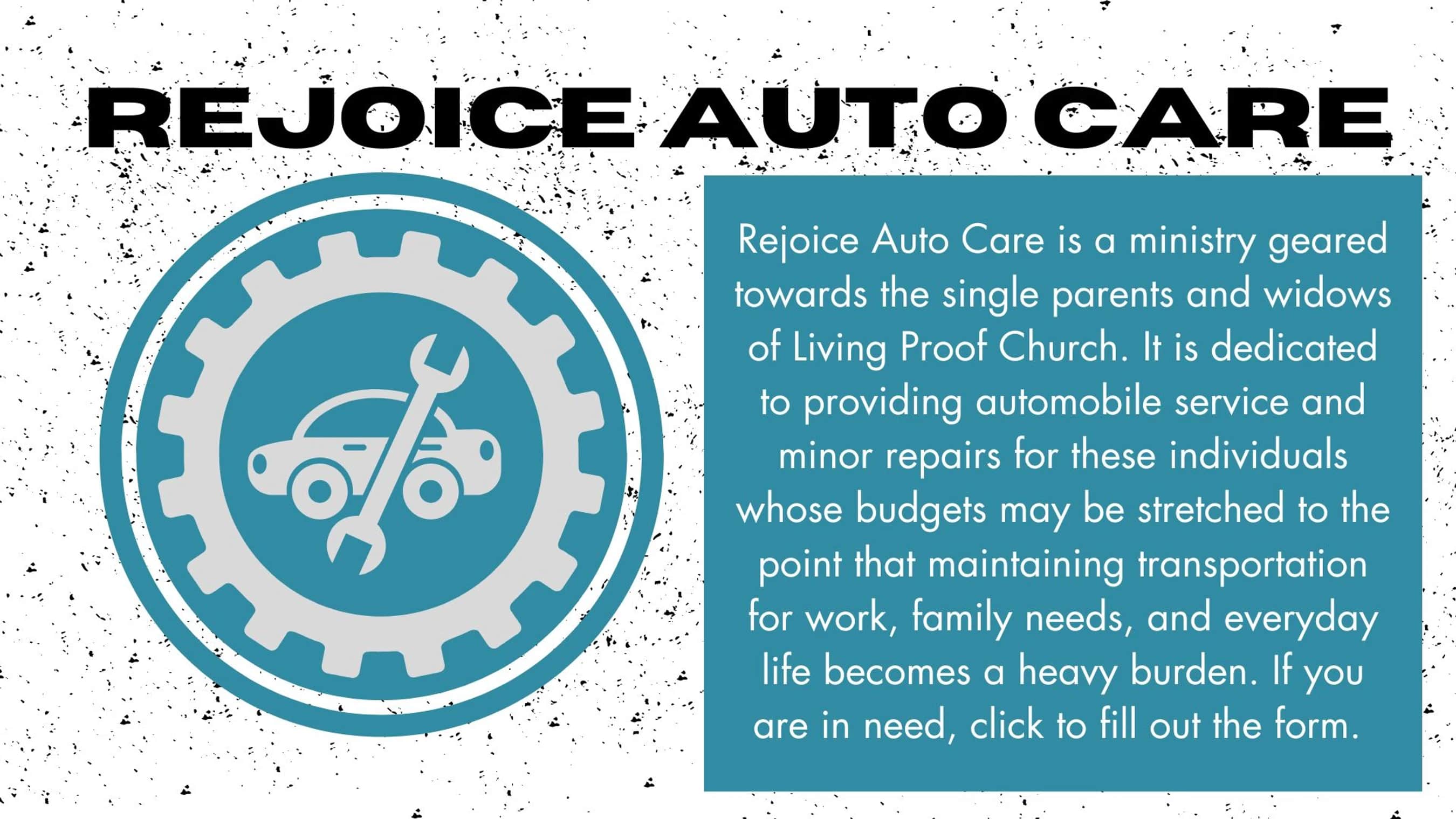 A graphic for Rejoice Auto Care, a ministry offering auto service to single parents and widows. It features a logo of a car and wrench inside a gear.