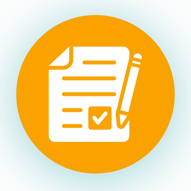 A white icon of a document with a checked box and a pencil inside a bright orange circle, set against a teal background with concentric rings.