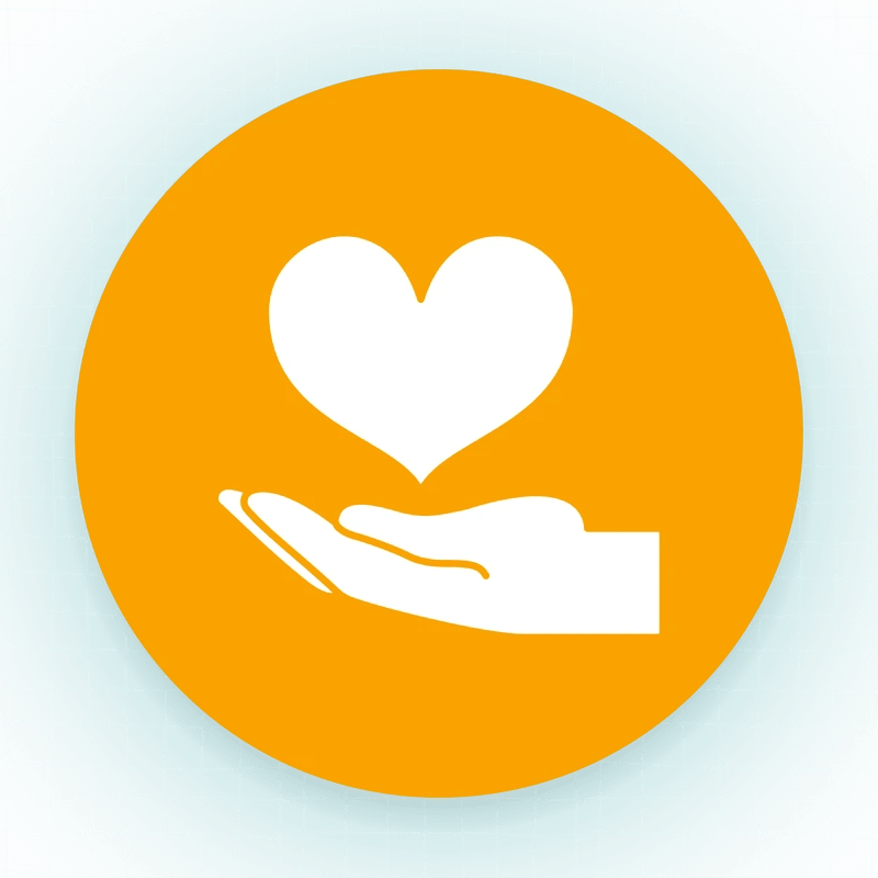A white icon of a hand holding a heart, symbolizing charity, care, and love, set against a circular orange background.