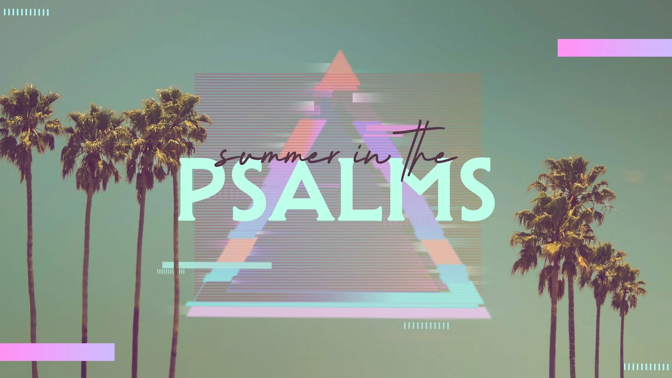A retro-style graphic with palm trees against a teal sky. The text "summer in the PSALMS" is centered over a colorful, glitchy triangle.