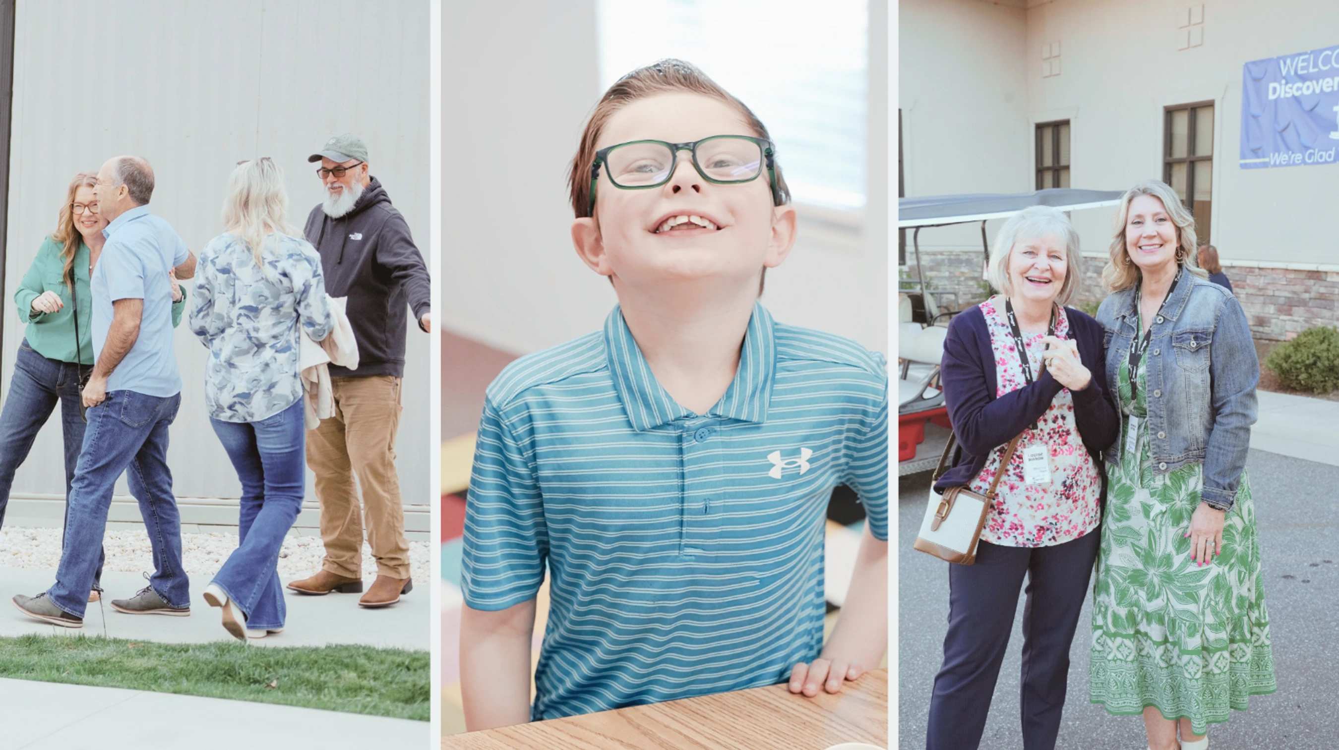 A three-panel collage showing adults fellowshiping, a smiling boy with glasses looking up, and two women posing happily at an outdoor community event.