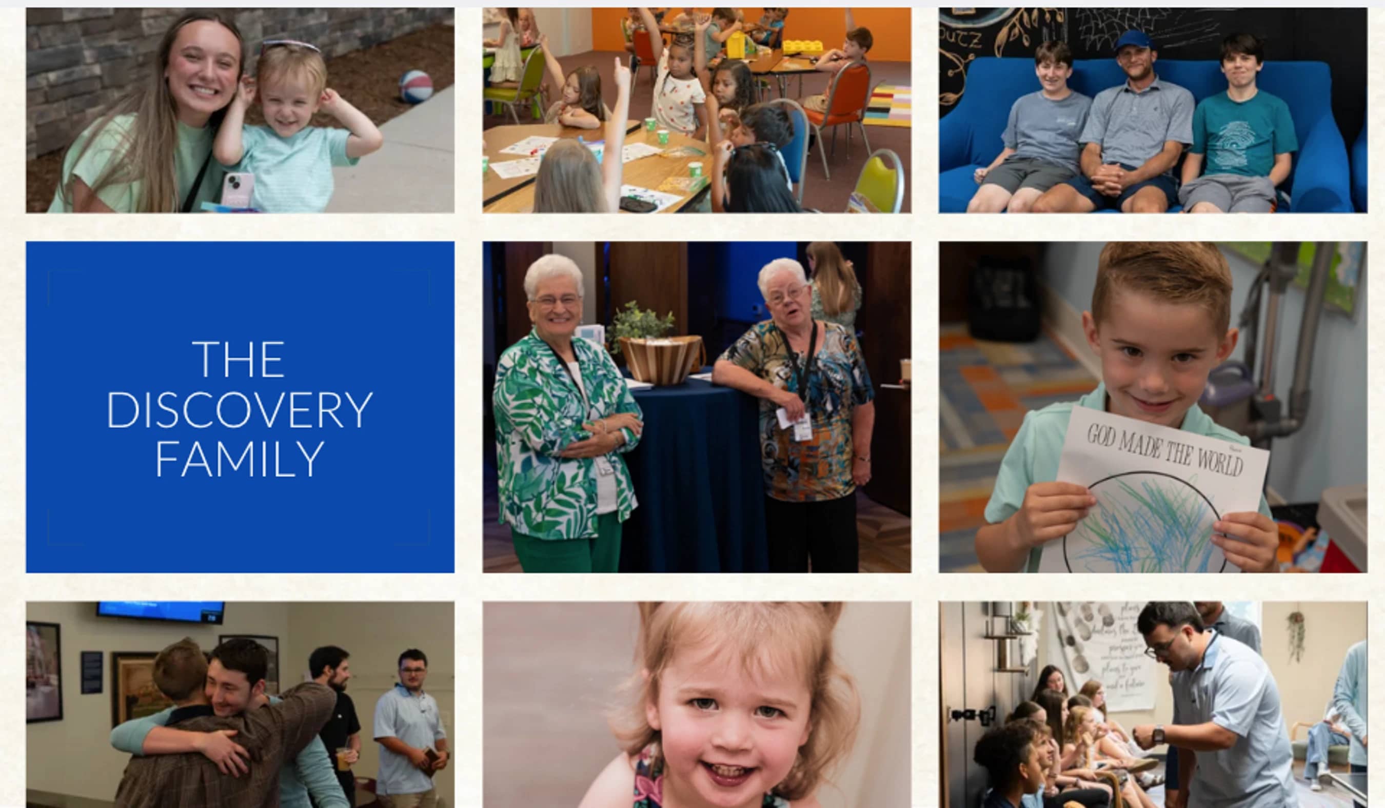 A photo collage titled 'The Discovery Family' showing diverse groups of people, including children in class, adults talking, and families smiling together.