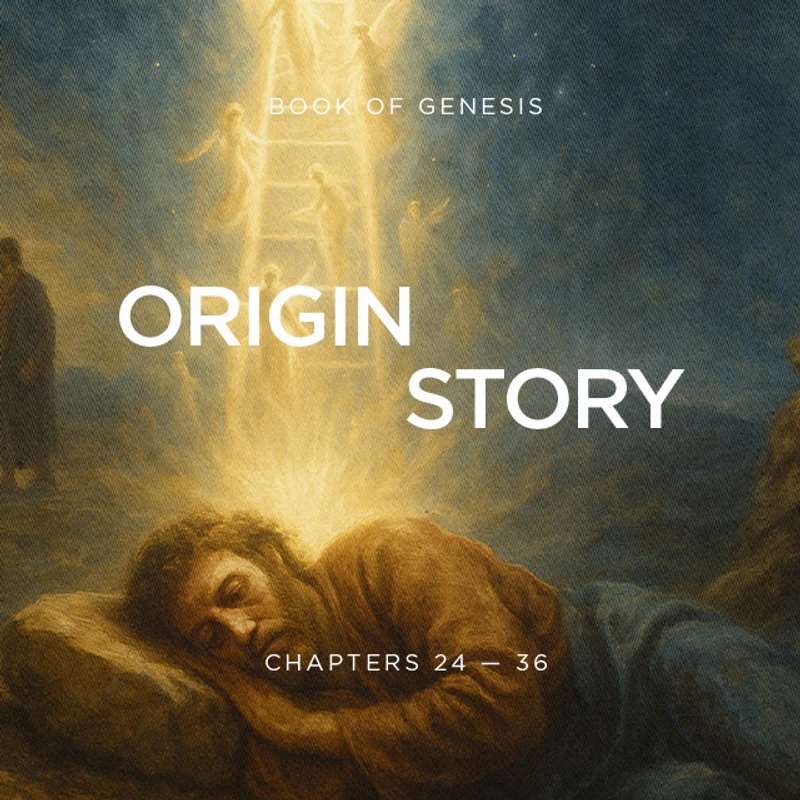 A painting of Jacob sleeping on a rock, dreaming of a ladder reaching to heaven with angels. Text on the image reads 'Origin Story' and 'Book of Genesis'.