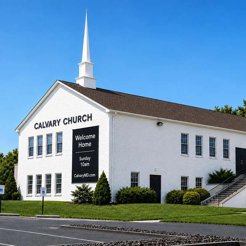 A white brick church building with a steeple, identified as Calvary Church, under a clear blue sky. A black 'Welcome Home' banner hangs on the front.