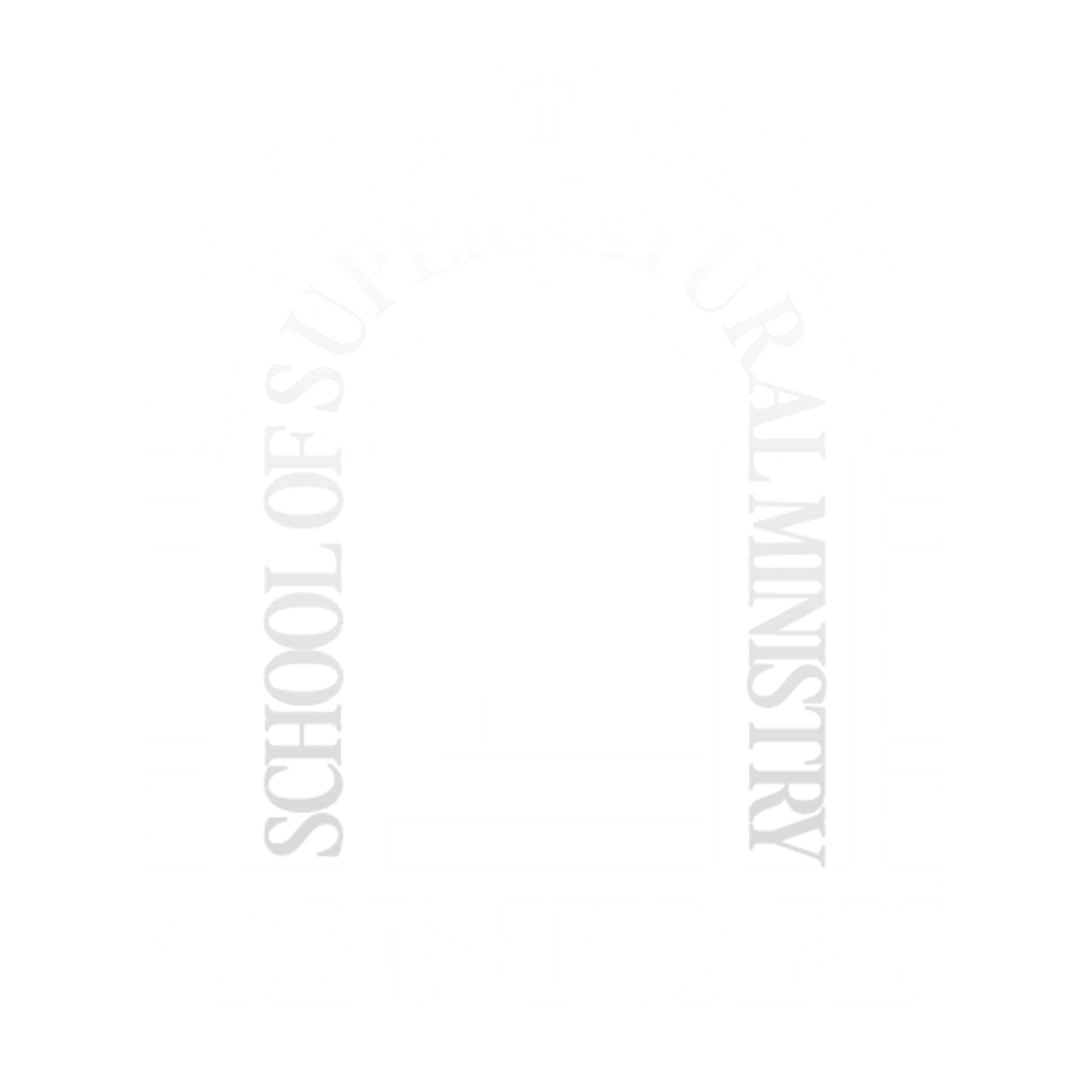 The black and white logo for the Sanctuary School of Supernatural Ministry, featuring an archway with stairs leading up to a doorway and a cross at the top.