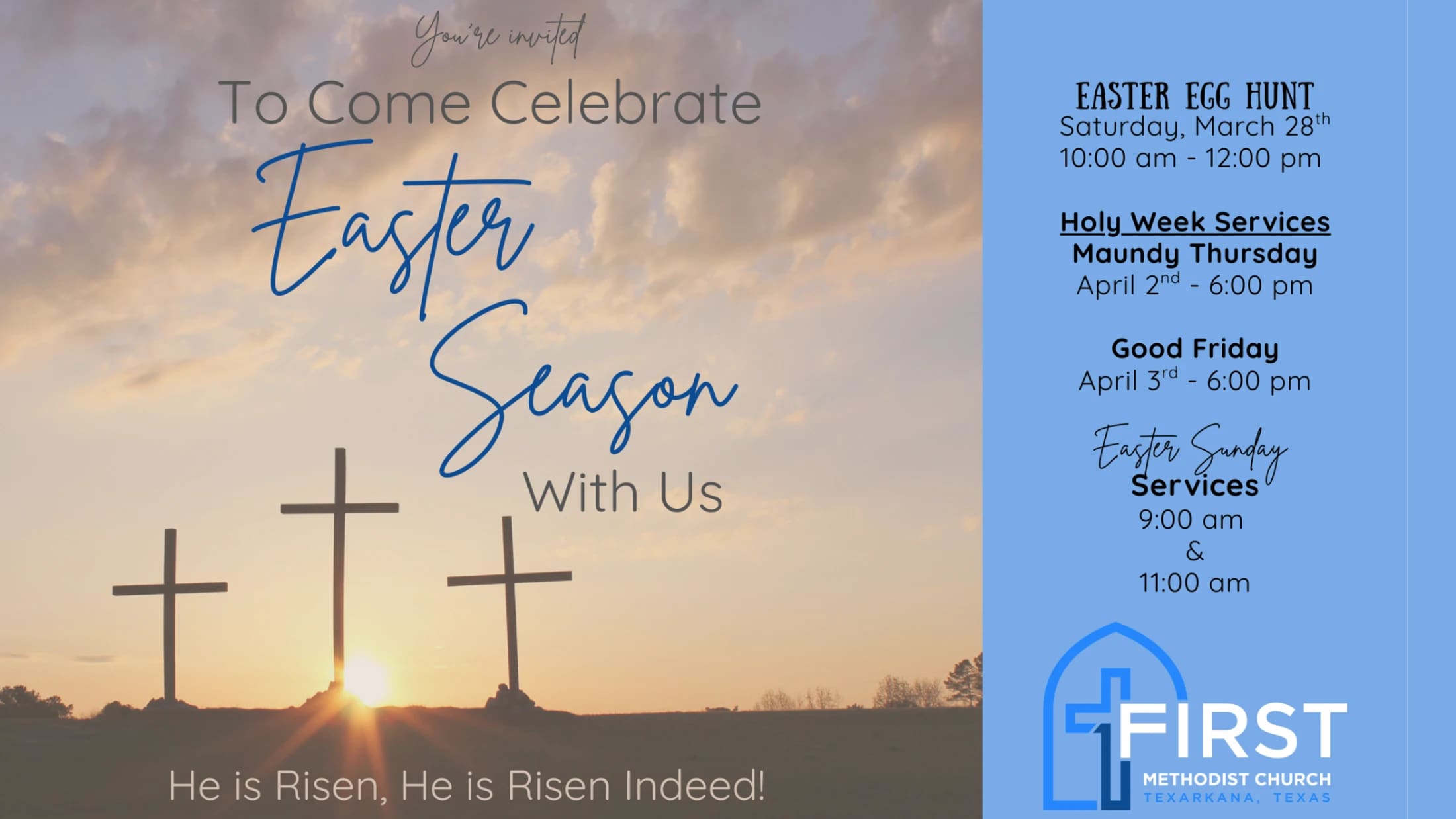 An invitation to celebrate the Easter season, with an image of three crosses at sunrise and a list of church events like an egg hunt and Holy Week services.