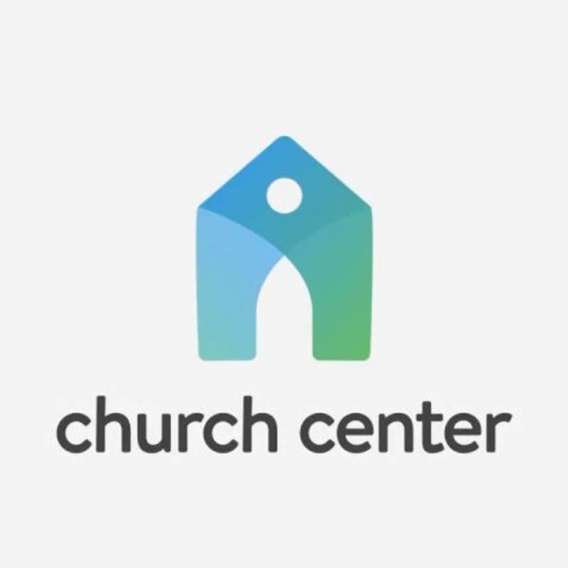 The logo for Church Center, featuring a stylized building icon with a blue and green gradient, above the words 'church center' in lowercase letters.