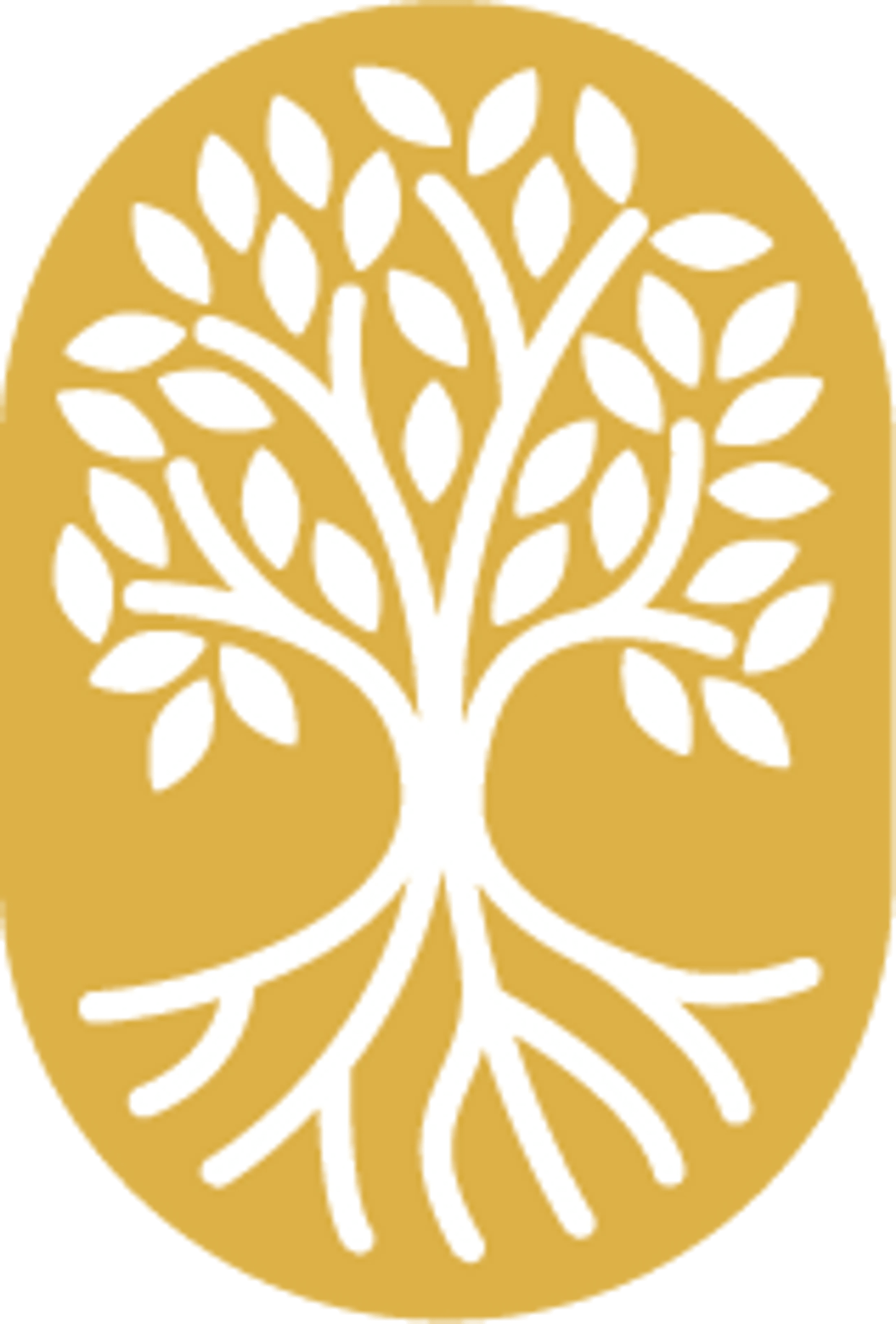A white stylized tree with a full canopy of leaves and visible roots, set inside a solid golden-yellow oval.