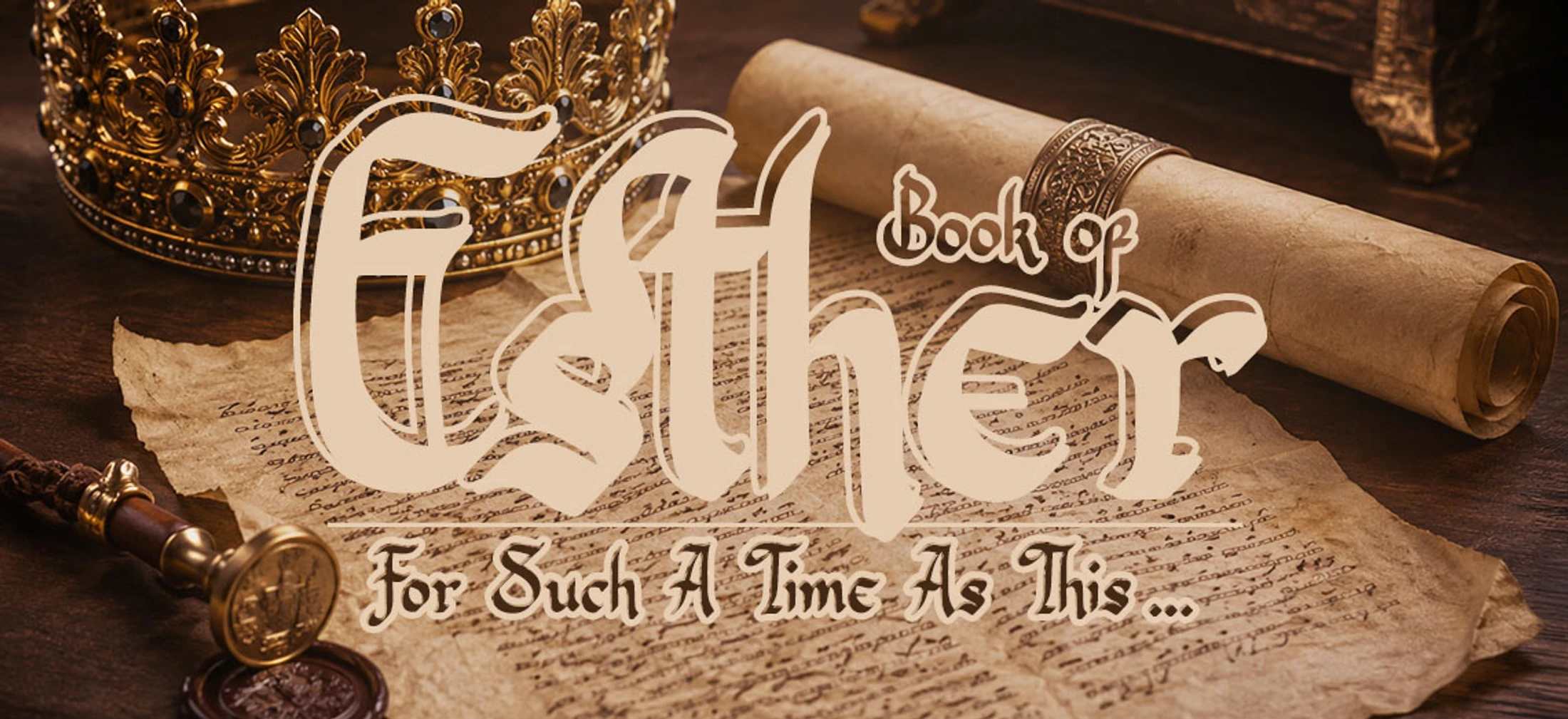 A title graphic for the Book of Esther featuring a golden crown, an ancient scroll, and a wax seal on a wooden table with historical text.