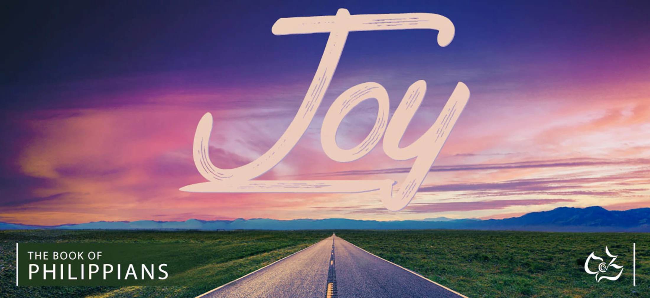 The word 'Joy' in large script over an open road at sunset. Text in the corner reads 'The Book of Philippians'.
