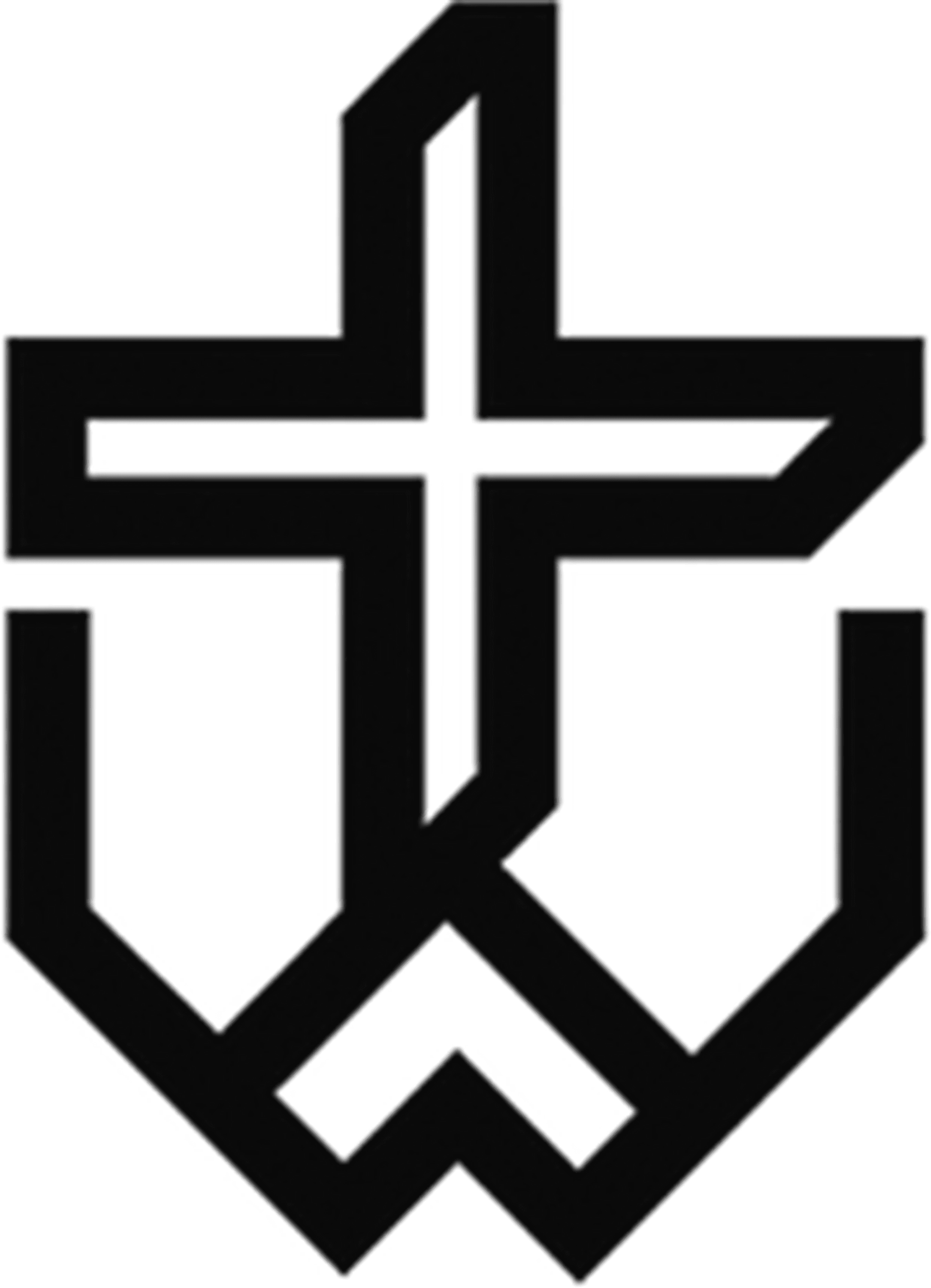 A black, abstract geometric logo on a transparent background. The design is symmetrical, with a cross-like shape on top and a 'W' shape on the bottom.