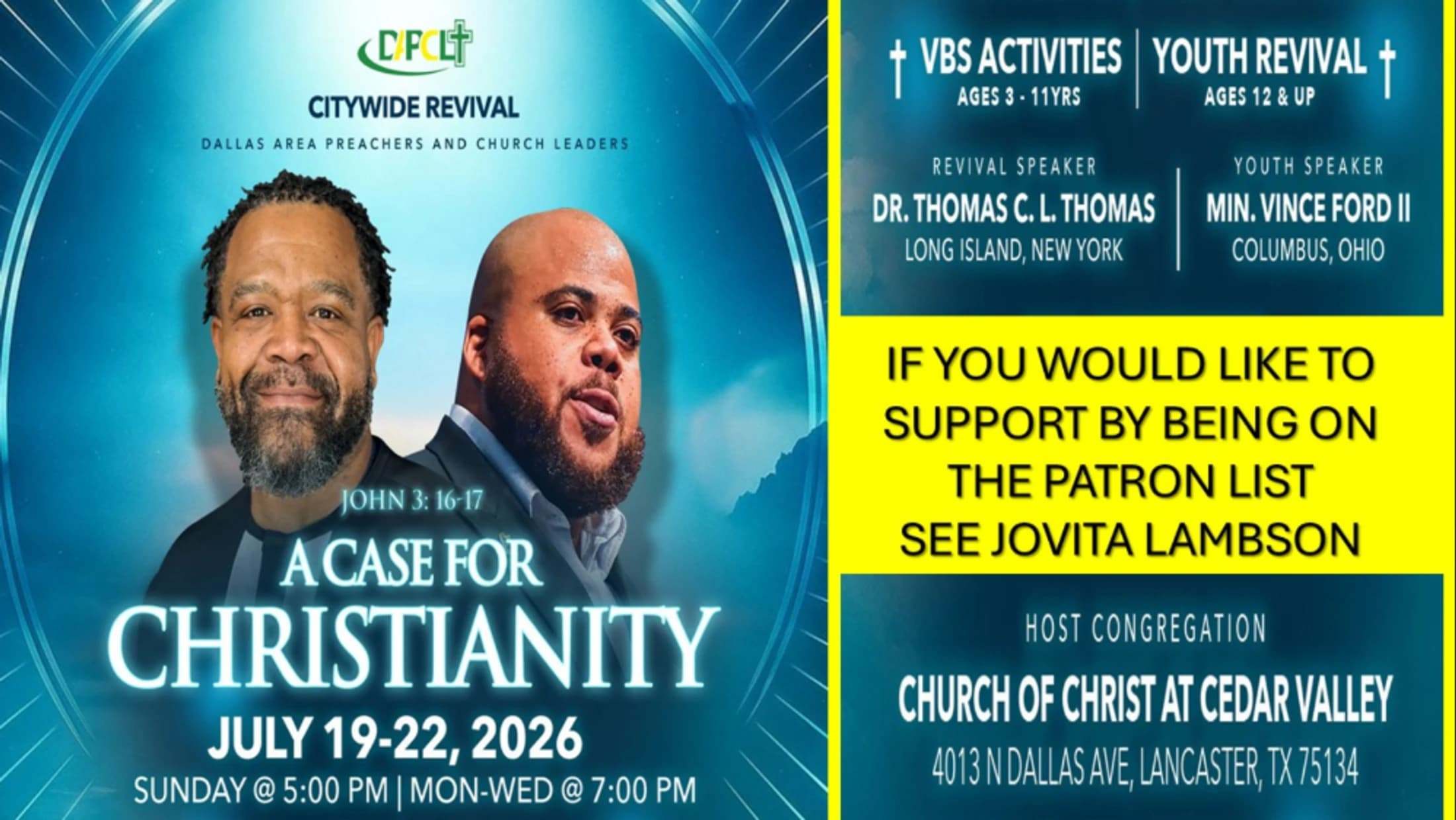Flyer for 'A Case for Christianity' citywide revival, July 19-22, 2026. Includes event details, speakers Dr. Thomas and Min. Ford, and host church information.