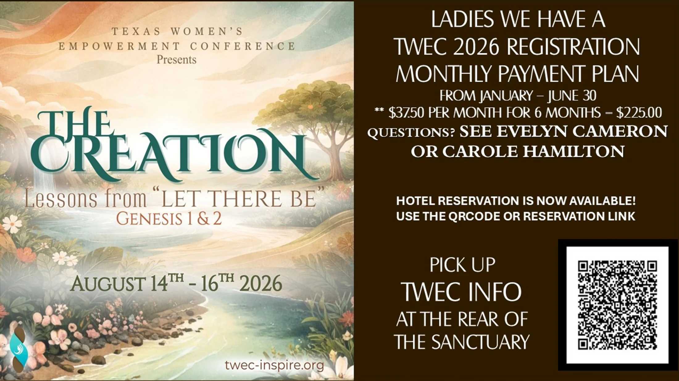 A promotional graphic for a women's conference themed 'The Creation'. It includes dates, payment plan information, and a QR code for hotel reservations.