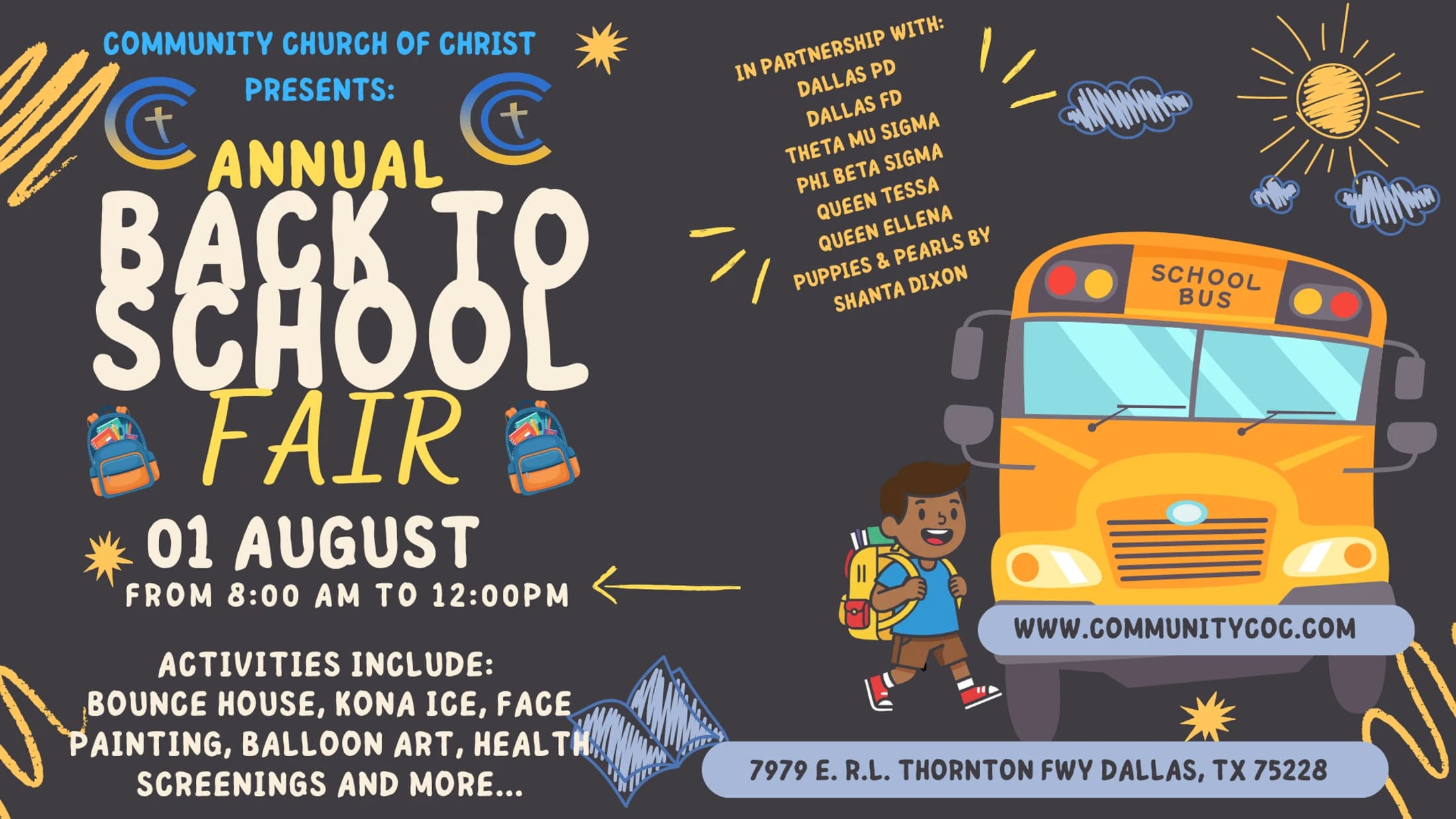 A colorful flyer for an Annual Back to School Fair on August 1, with illustrations of a school bus, a student, and event details on a dark background.