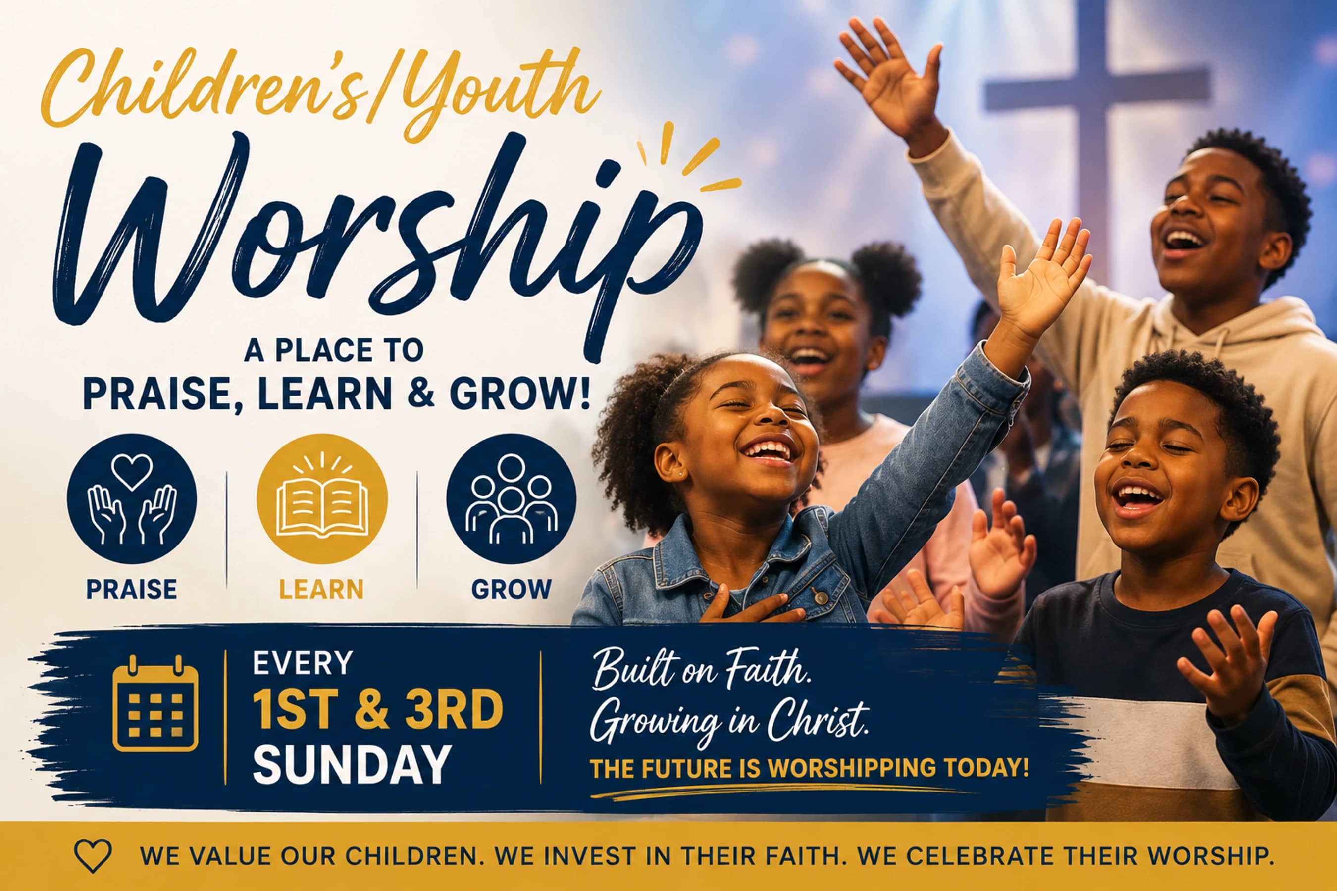 A promotional graphic for a children's and youth worship service, showing several joyful Black children singing with their hands raised in a church.