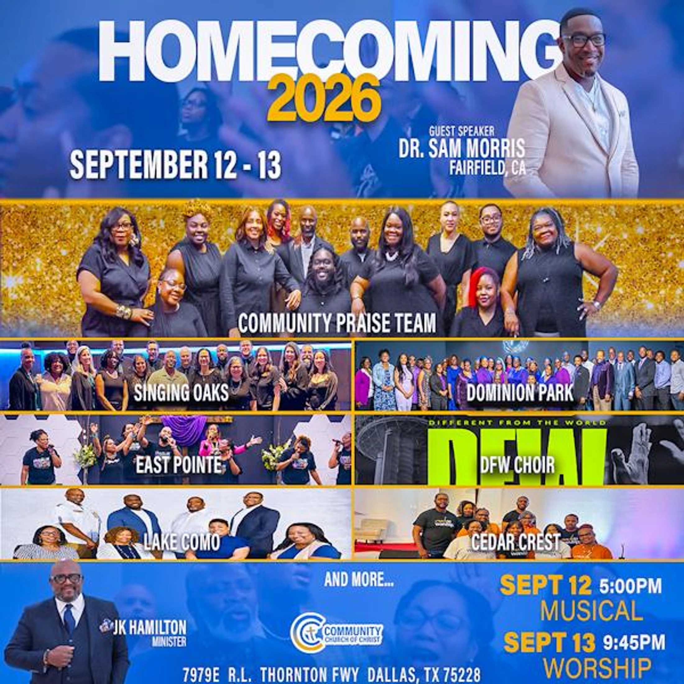 A promotional flyer for a church event called Homecoming 2026, featuring photos of various choirs, praise teams, and the guest speaker, Dr. Sam Morris.