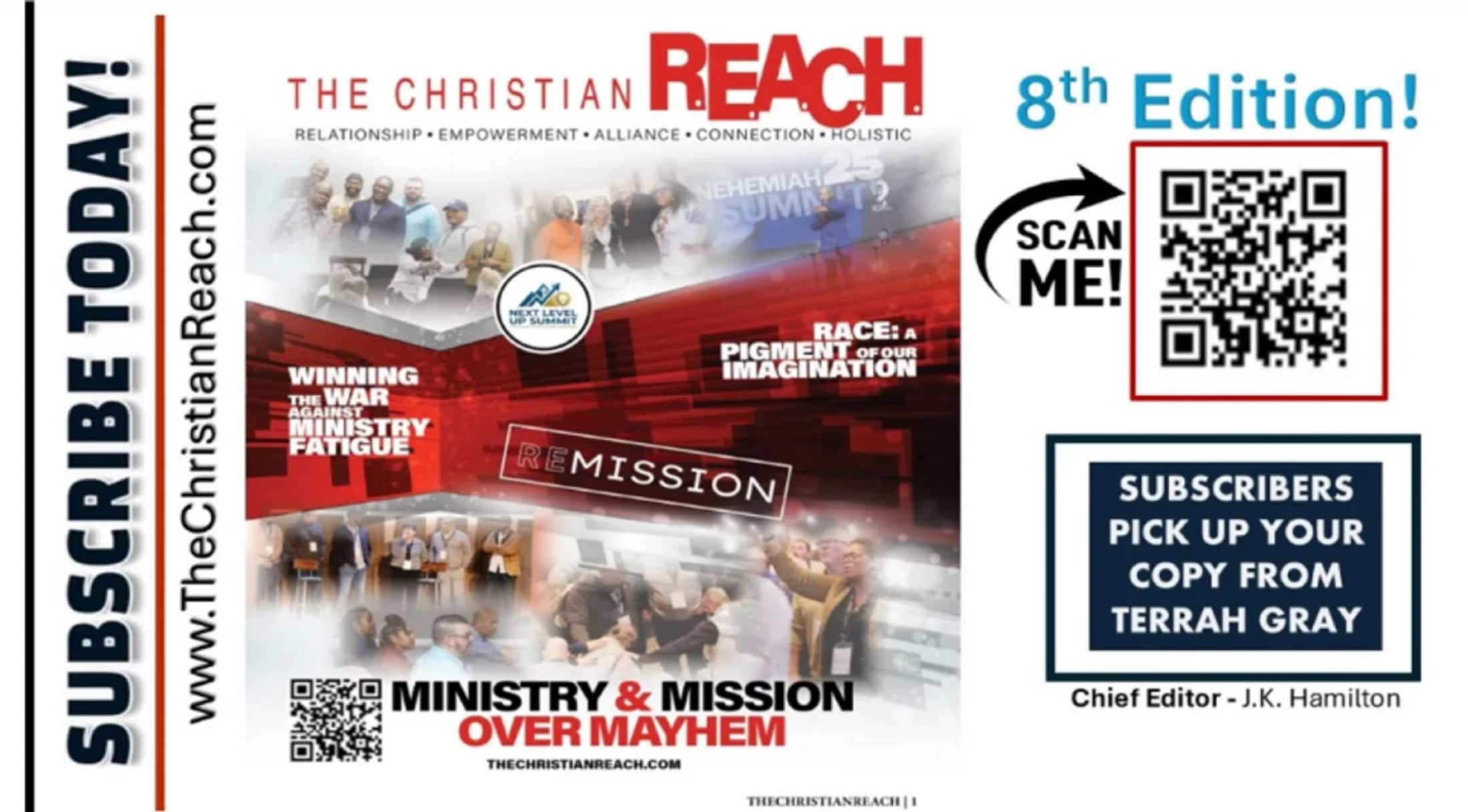 The cover of the 8th edition of The Christian Reach magazine, featuring article titles, a QR code, and a sidebar encouraging readers to 'Subscribe Today!'.