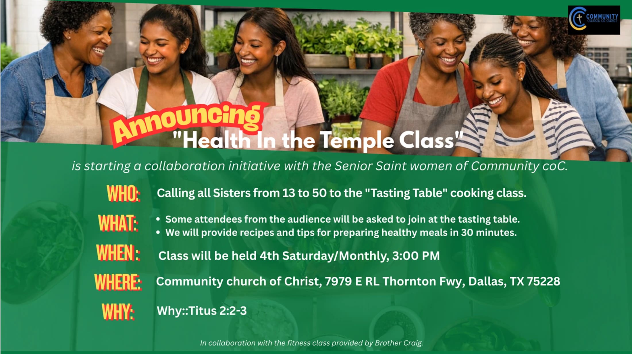 A green flyer for a 'Health In the Temple' cooking class. It shows smiling Black women and lists event details for the Community Church of Christ in Dallas.