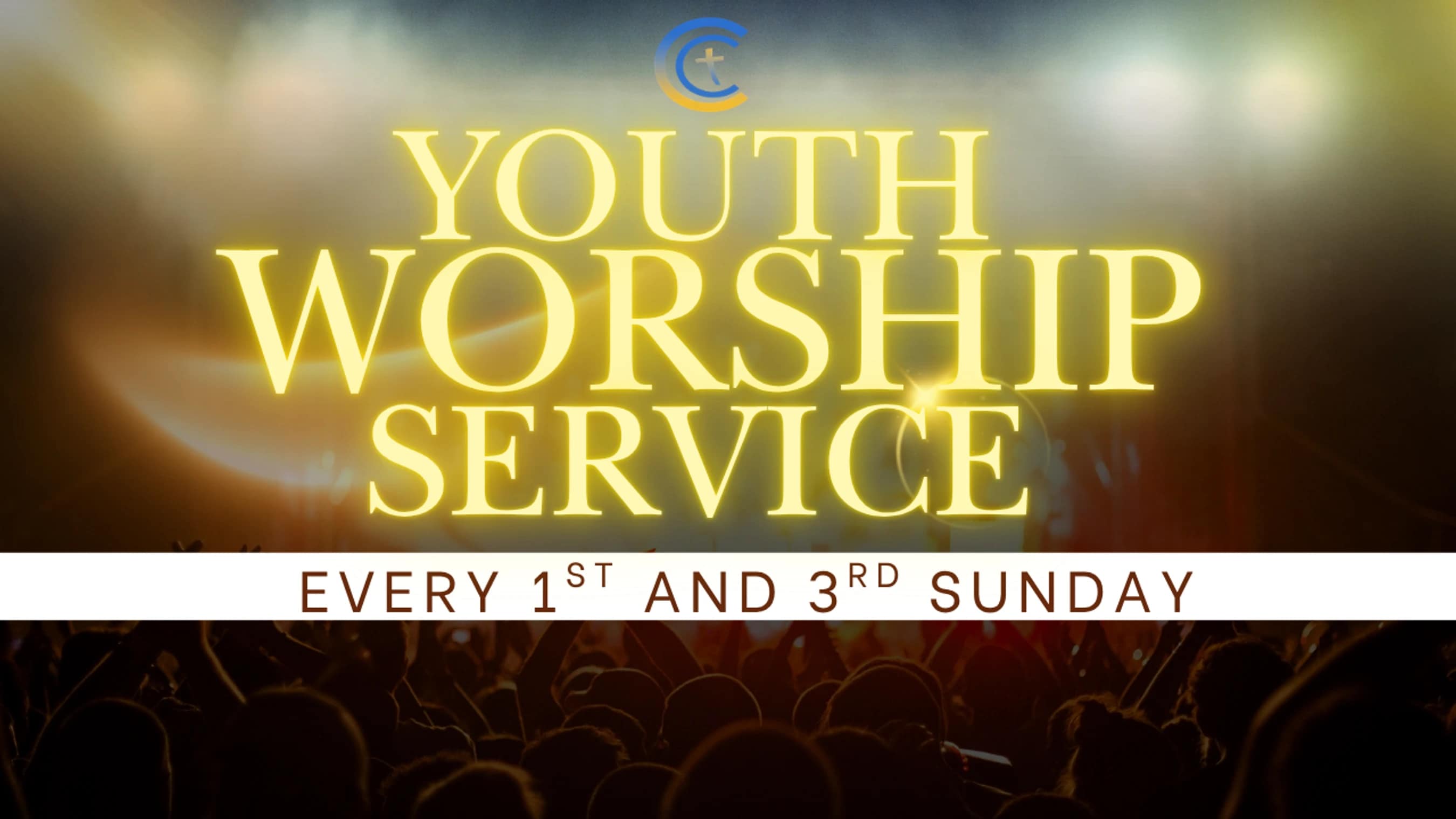 An announcement for a Youth Worship Service, held every 1st and 3rd Sunday. The text is in glowing yellow font over a background of a crowd at a concert.