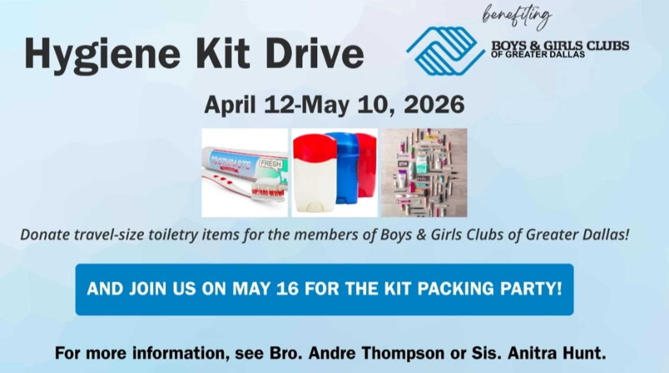 Flyer for a Hygiene Kit Drive from April 12 to May 10, 2026, benefiting the Boys & Girls Clubs of Greater Dallas, with a kit packing party on May 16.