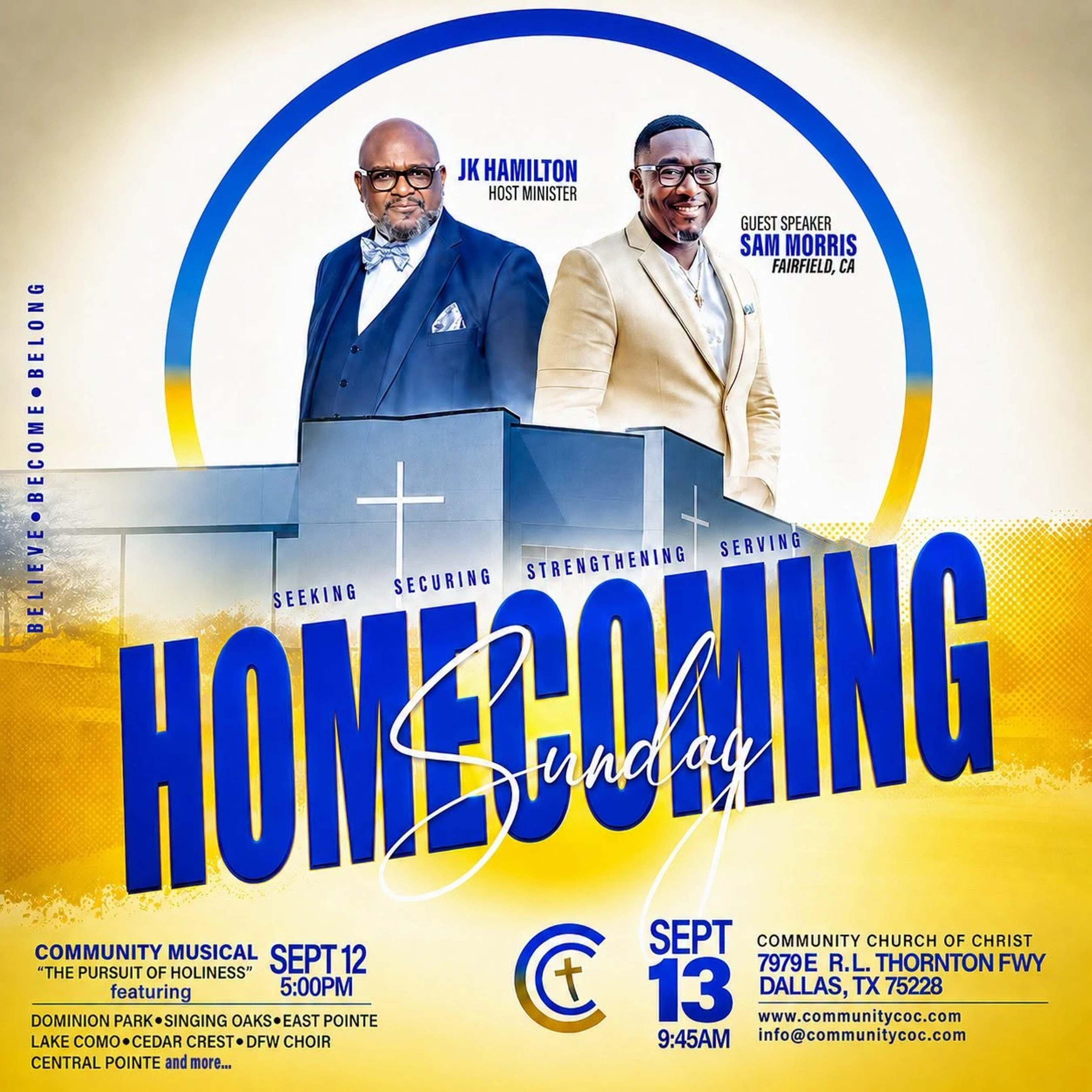A church event flyer for Homecoming Sunday on Sept 13, featuring host minister JK Hamilton and guest speaker Sam Morris over an image of a church.