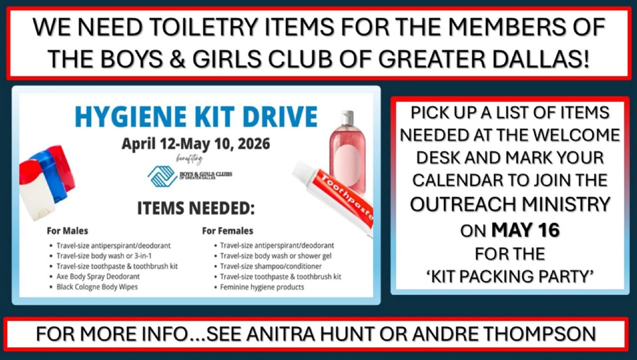 A flyer for a hygiene kit drive benefiting the Boys & Girls Club of Greater Dallas. The drive runs April 12 to May 10, 2026, with a kit packing party on May 16.