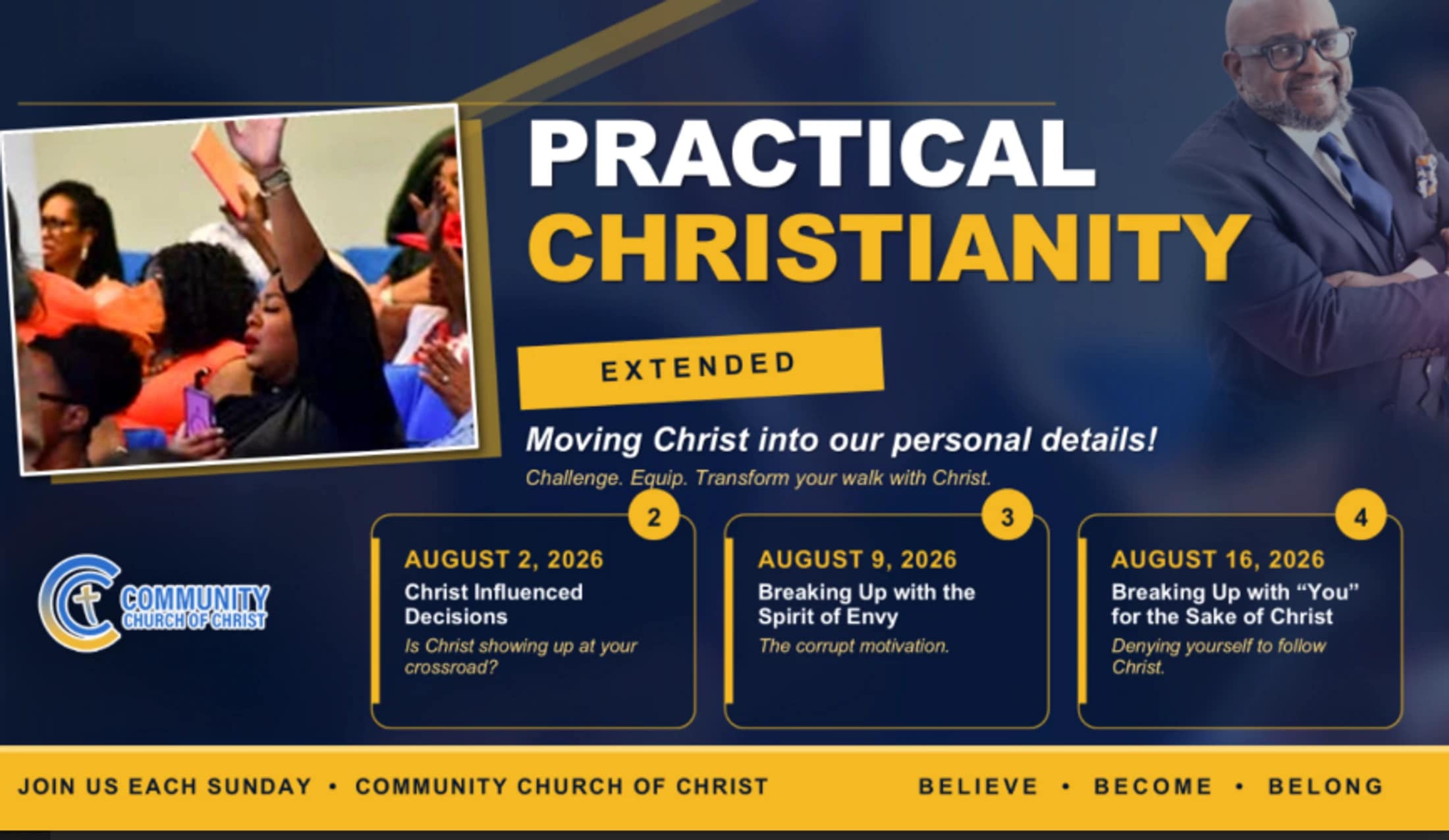 An event flyer for a 'Practical Christianity' sermon series, showing a pastor, a congregation, and listing topics and dates for August 2026.