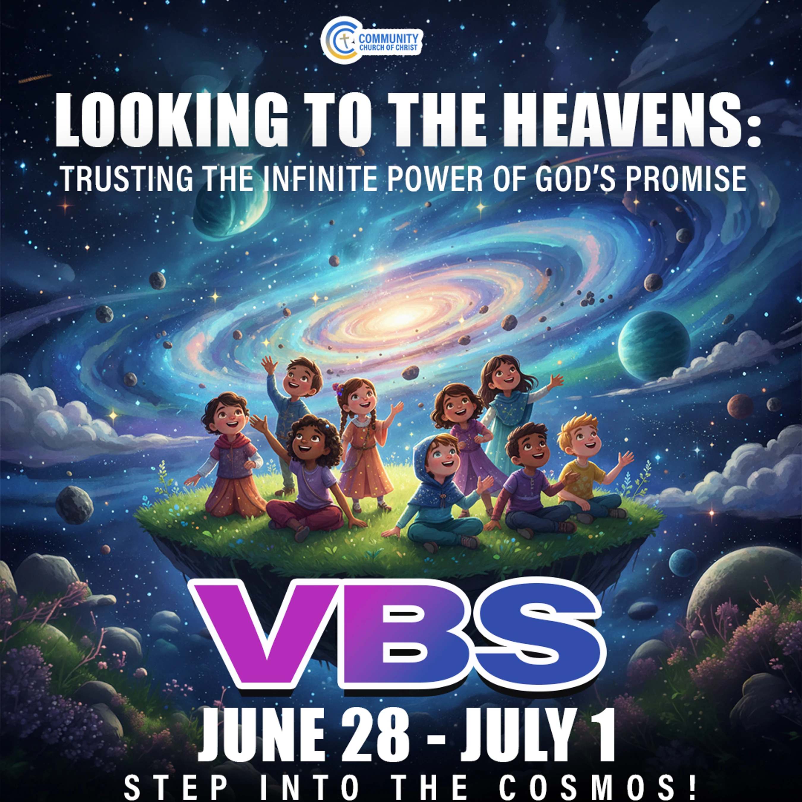 A flyer for a Vacation Bible School shows diverse cartoon children on a floating island in space, looking up in awe at a colorful galaxy.