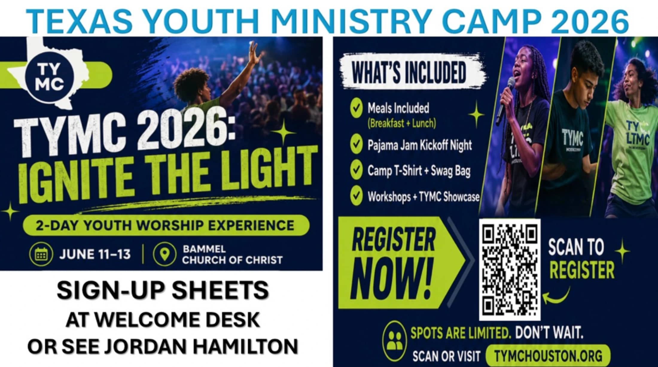 A promotional flyer for the Texas Youth Ministry Camp 2026. It includes event details, a QR code for registration, and photos of young people worshipping.