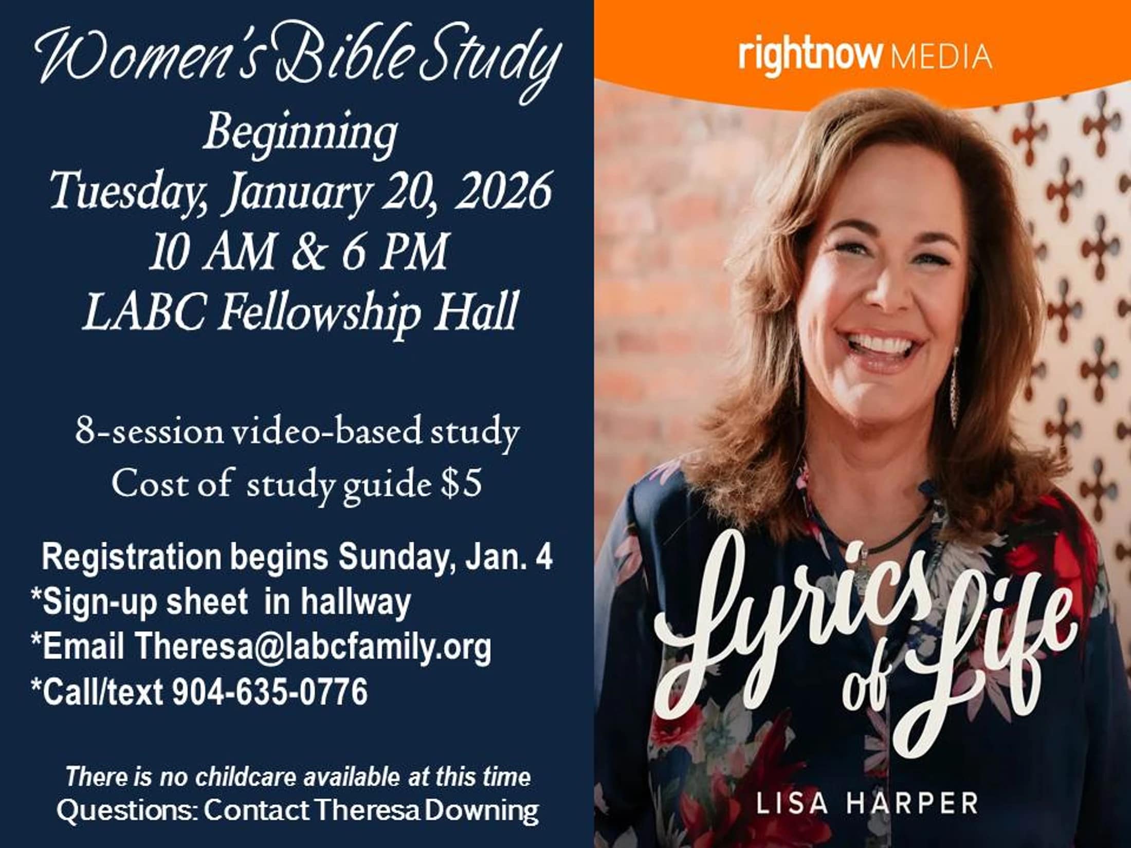 Promotional graphic for a Women's Bible Study featuring Lisa Harper. Text details the date, time, location, cost, and registration information.