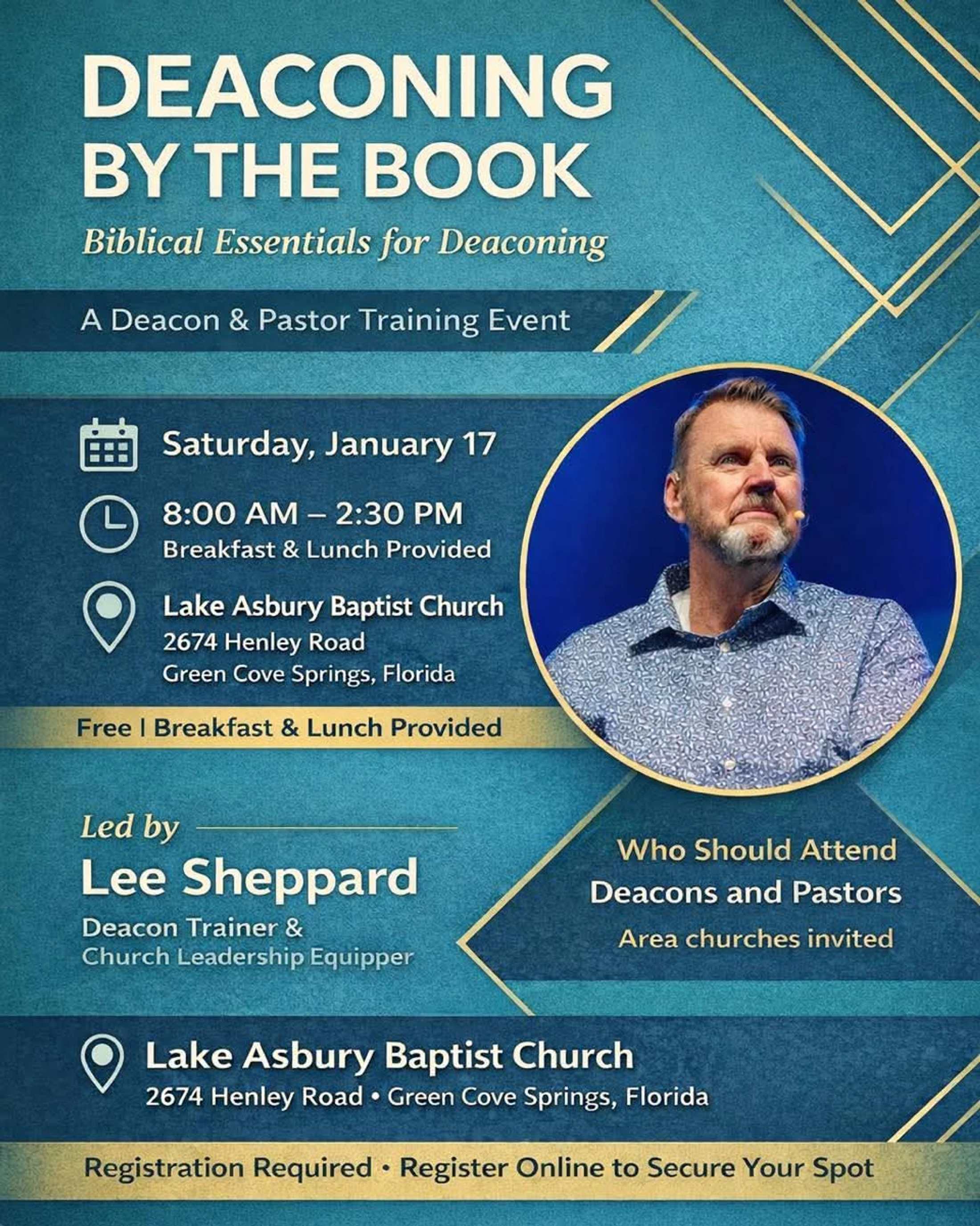 A flyer for a training event called 'Deaconing by the Book' for deacons and pastors, led by Lee Sheppard at Lake Asbury Baptist Church on January 17.