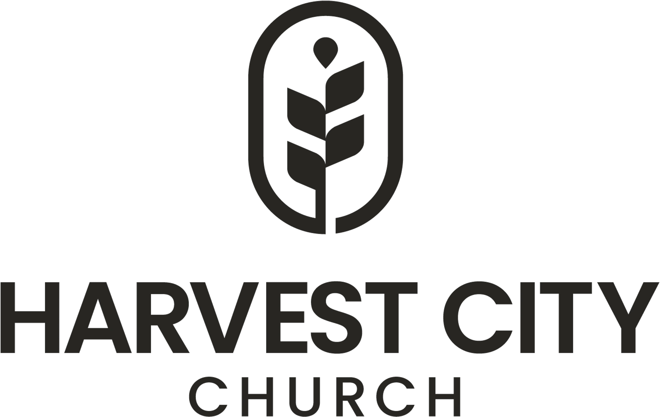 The grey logo for Harvest City Church on a black background. It features a stylized wheat stalk icon inside an oval above the text.
