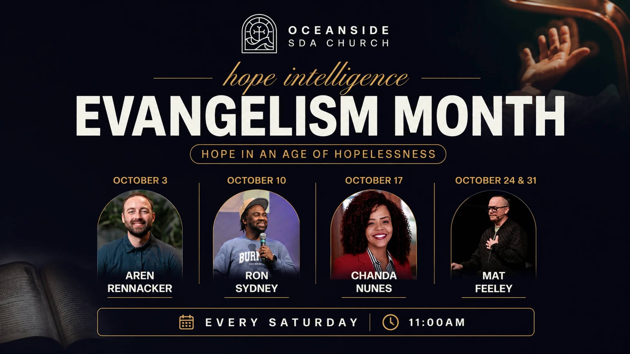 A promotional graphic for Oceanside SDA Church's 'Evangelism Month' in October, featuring four guest speakers with their photos, names, and dates.