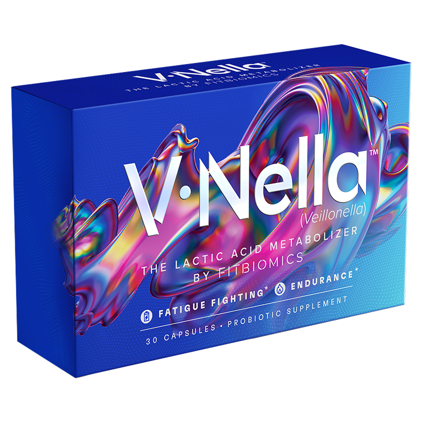 FitBiomics V-Nella probiotic supplement for lactic acid metabolism, fatigue reduction, and endurance support, 30-capsule box with vibrant multicolor design